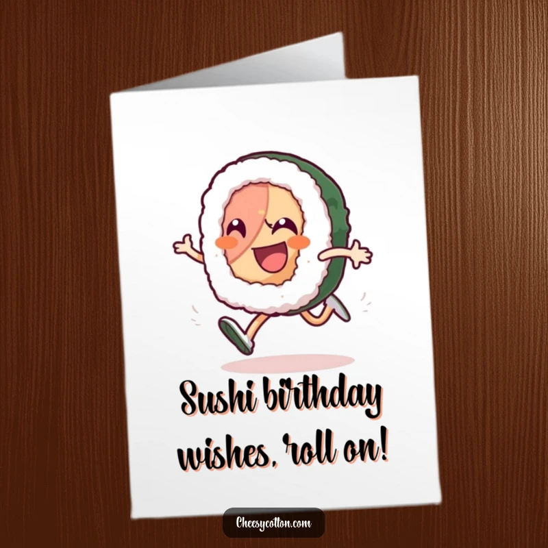 Funny Free Printable Birthday Card: Smiling sushi roll character in a high-kneed run, conveying pure birthday excitement and joy.