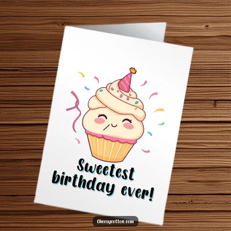 Funny Free Printable Birthday Card: A happy cupcake character joyfully blows colorful party streamers, spreading birthday cheer.