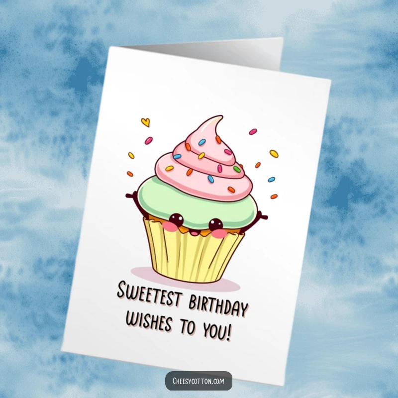 Funny Free Printable Birthday Card: Cheerful cupcake character happily juggling colorful sprinkles, wishing a sweet birthday.