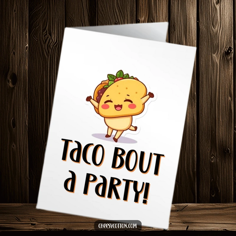 Funny free printable birthday card featuring a kawaii taco character winking and doing a cartwheel with energetic flair.