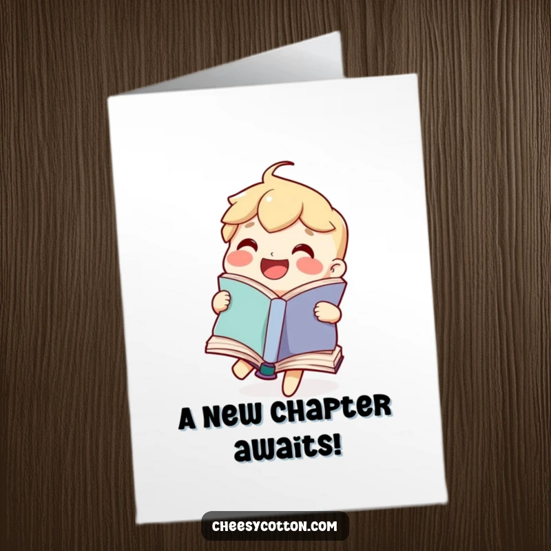 Funny Free Printable Book Congratulations Card with a joyful character flipping pages, celebrating a new chapter or success.