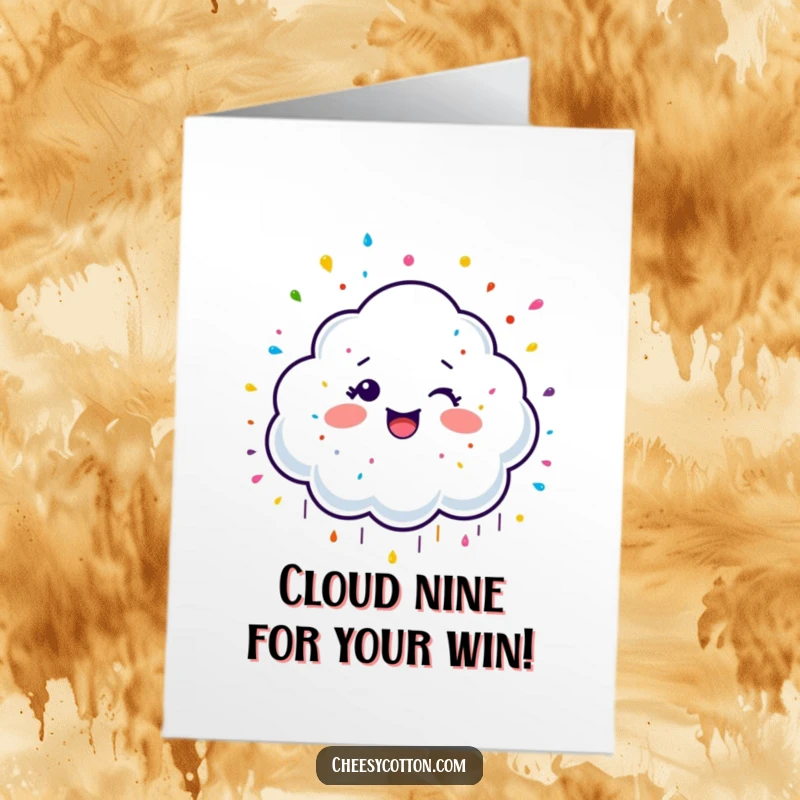 Funny Free Printable Congratulations Card: Giggling cloud character raining colorful sprinkles, celebrating success with a cheerful downpour.