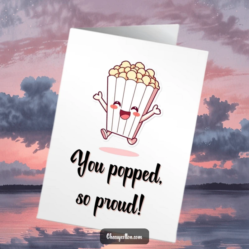 Funny Free Printable Congratulations Card: A cheerful popcorn bag character energetically leaping with excitement, celebrating a fantastic achievement.