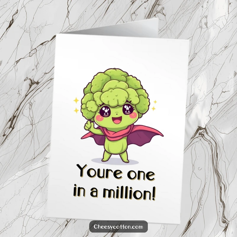 Funny Free Printable Congrats Card: A kawaii broccoli floret with sparkling eyes striking a superhero pose to celebrate achievement.