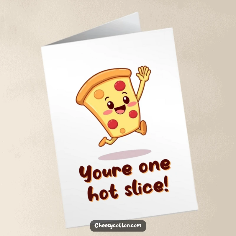 Funny free printable congratulations card featuring a happy pizza slice character jumping high to deliver an enthusiastic high five.