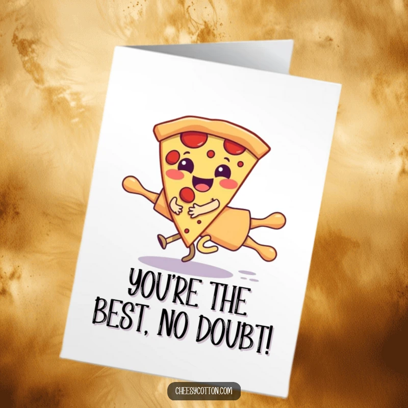 Funny Free Printable Congratulations Card: Giggling pizza slice character speeding on a runaway rolling pin, cheering success.