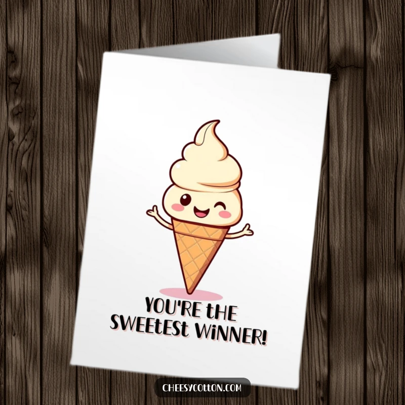 Funny Free Printable Congrats Card: A kawaii ice cream cone with a big smile caught mid-silly dance, celebrating achievements.