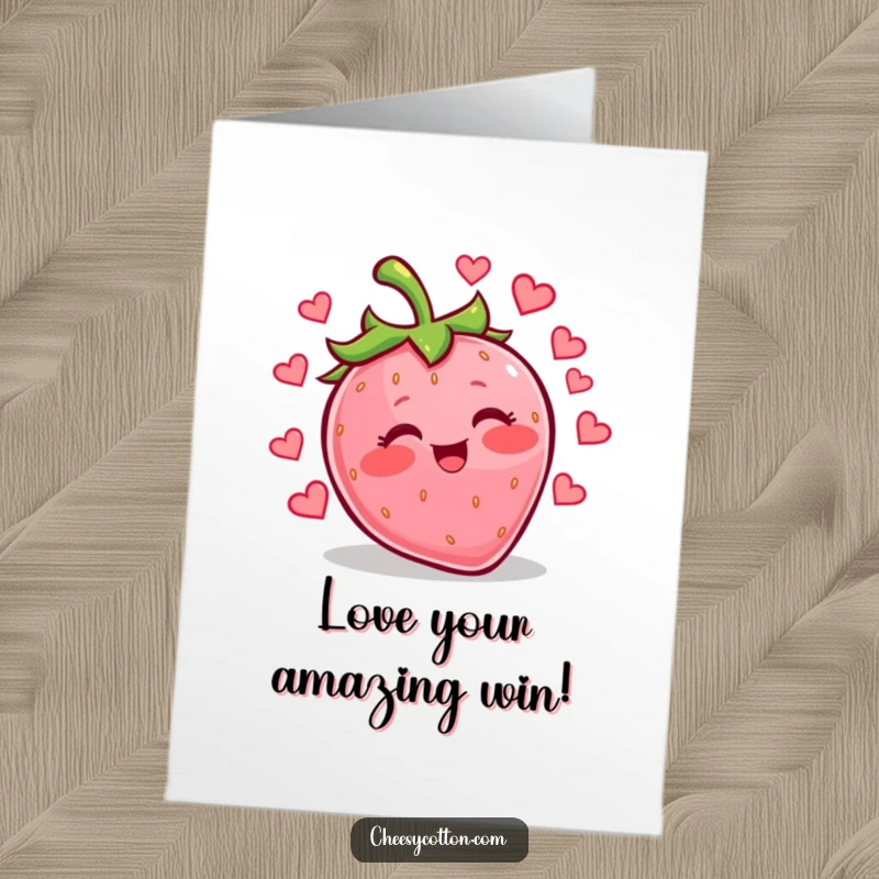 Funny Free Printable Congrats Card: A kawaii strawberry giggling and juggling little hearts, conveying cheerful congratulations.