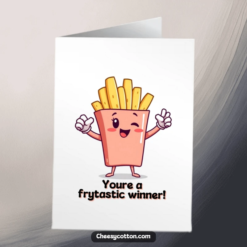 Funny free printable congratulations card showing a brave french fry character in a powerful superhero stance, ready to save the day.
