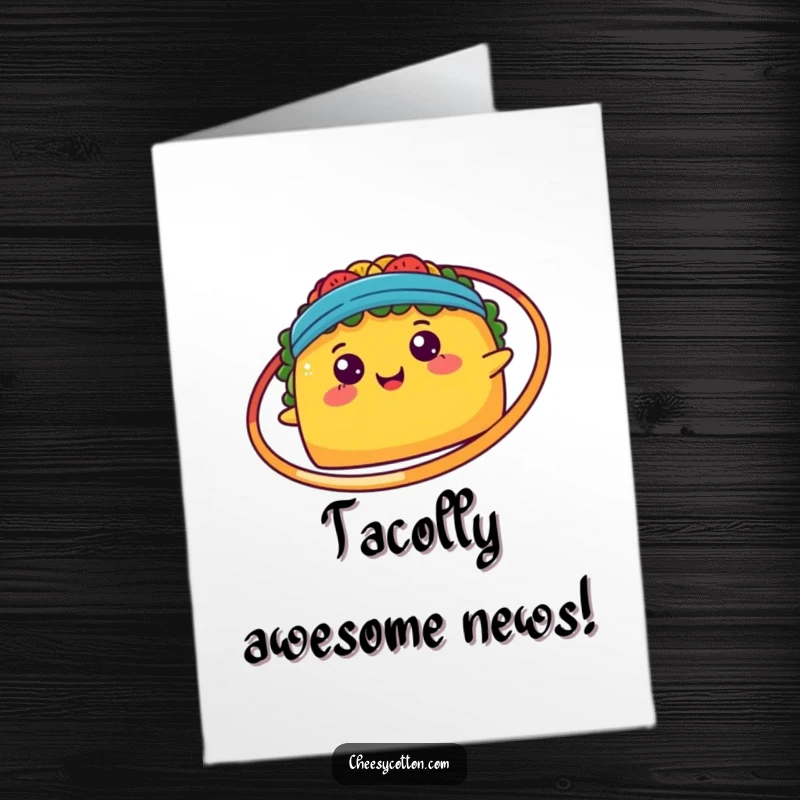Funny Free Printable Congratulations Card: Kawaii taco happily spinning a hula hoop, celebrating a great accomplishment.