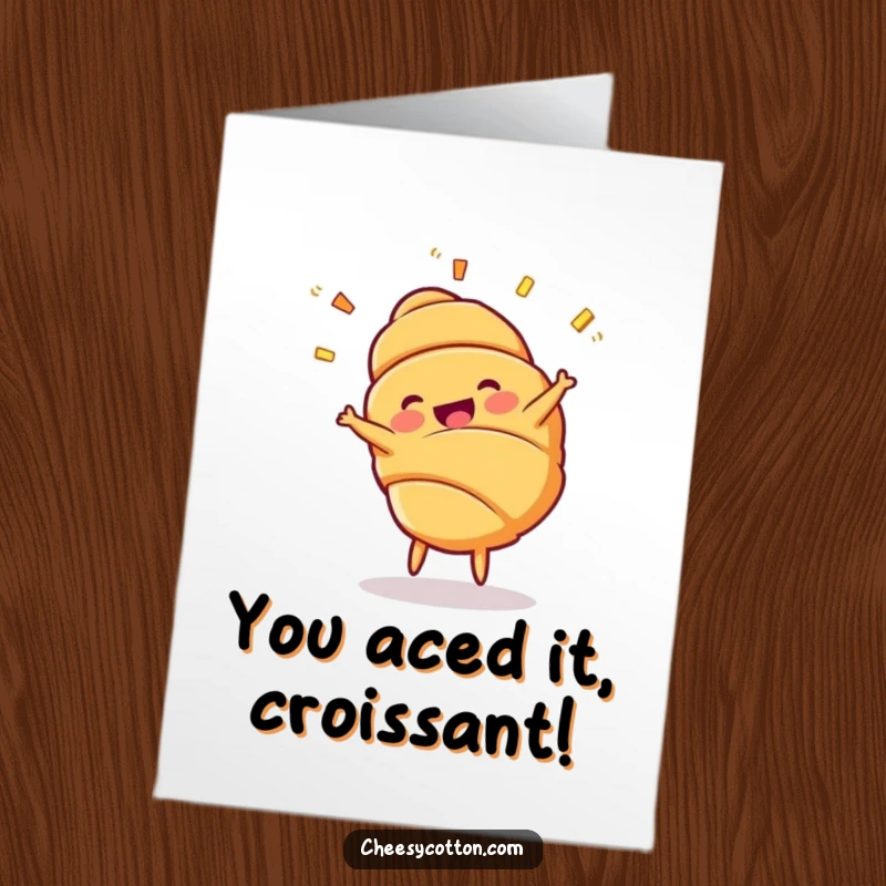 Funny Free Printable Congratulations Card: A happy croissant doing a cartwheel, its flaky layers in motion.