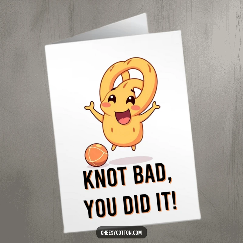 Funny Free Printable Congratulations Card: Pretzel character joyfully bouncing a rubber ball, playful celebration.