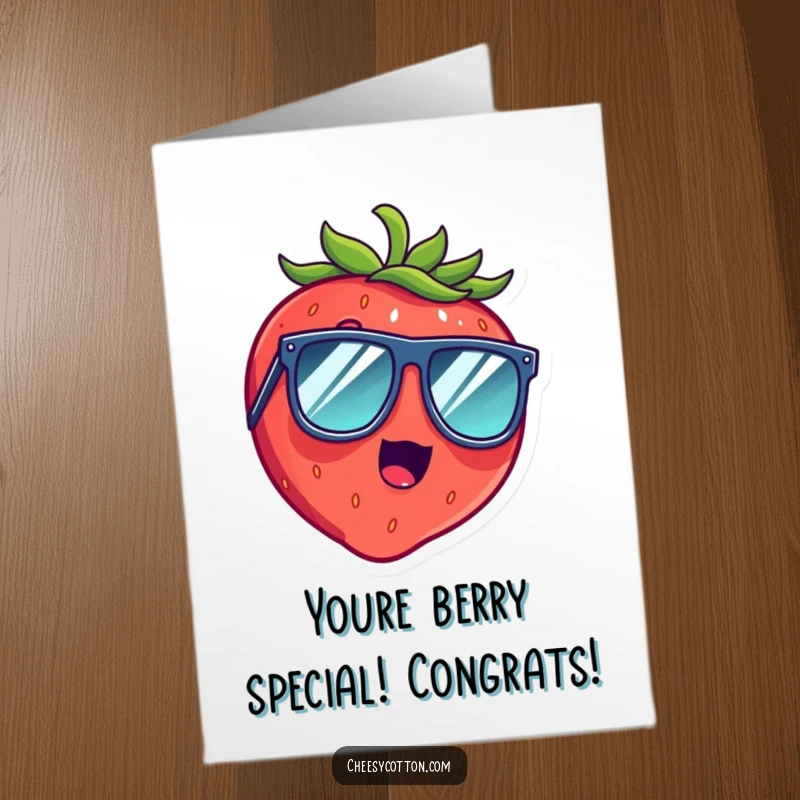Funny Free Printable Congratulations Card showcasing a surprised strawberry with oversized sunglasses, expressing joy and amusement for any achievement.
