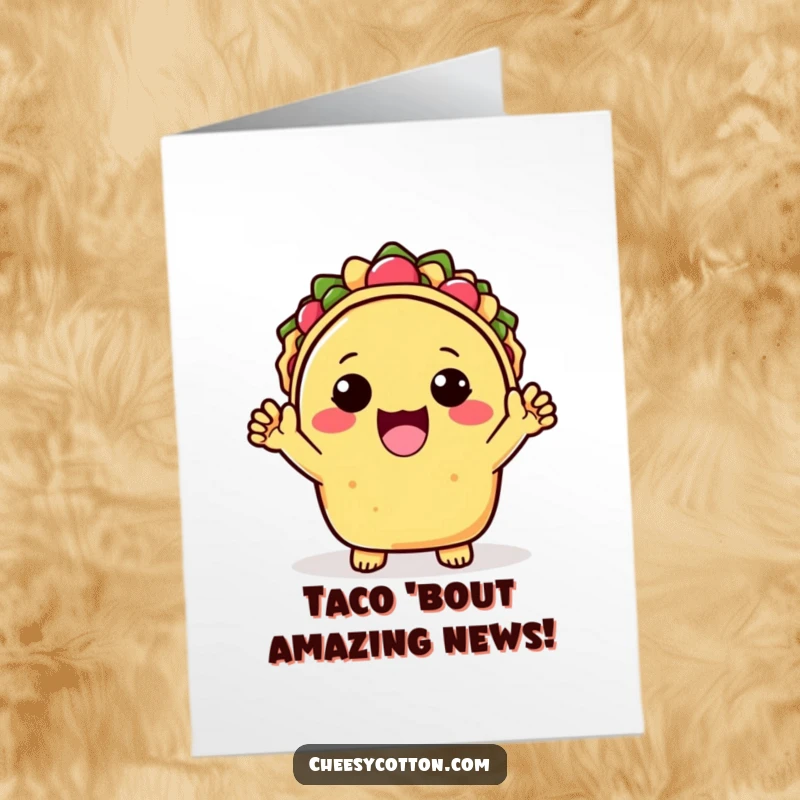 Funny Free Printable Congratulations Card showing a delighted Kawaii taco enthusiastically cheering with both hands for someone's success.
