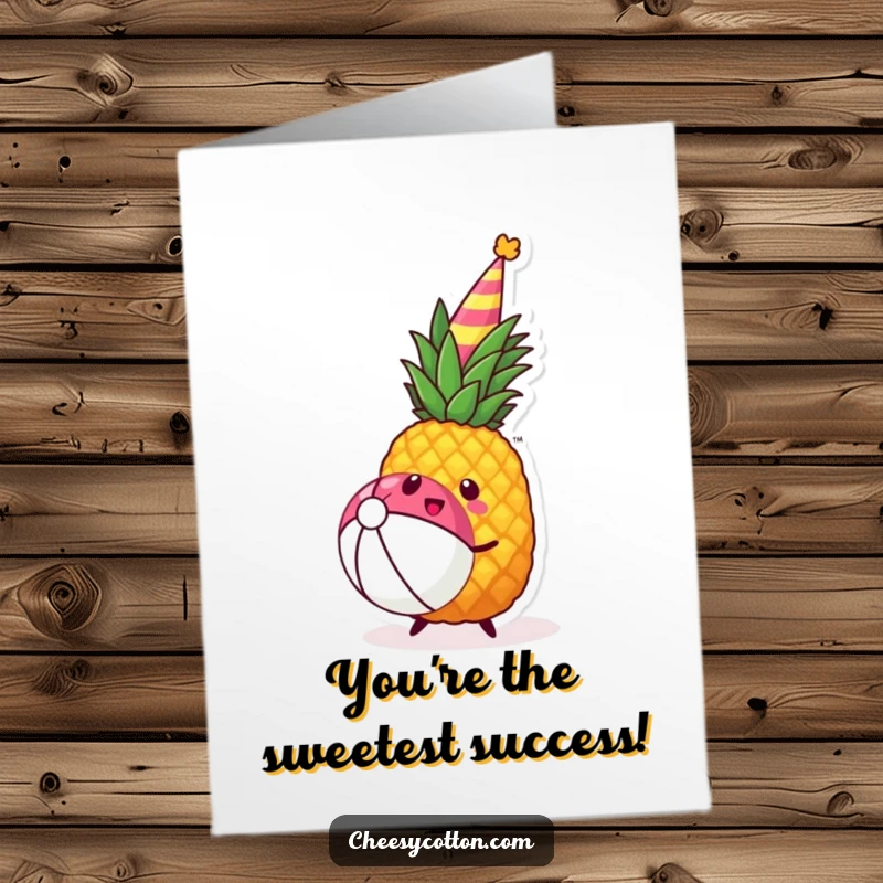 Funny Free Printable Congratulations Card: A kawaii pineapple wearing a party hat joyfully bouncing a beach ball.
