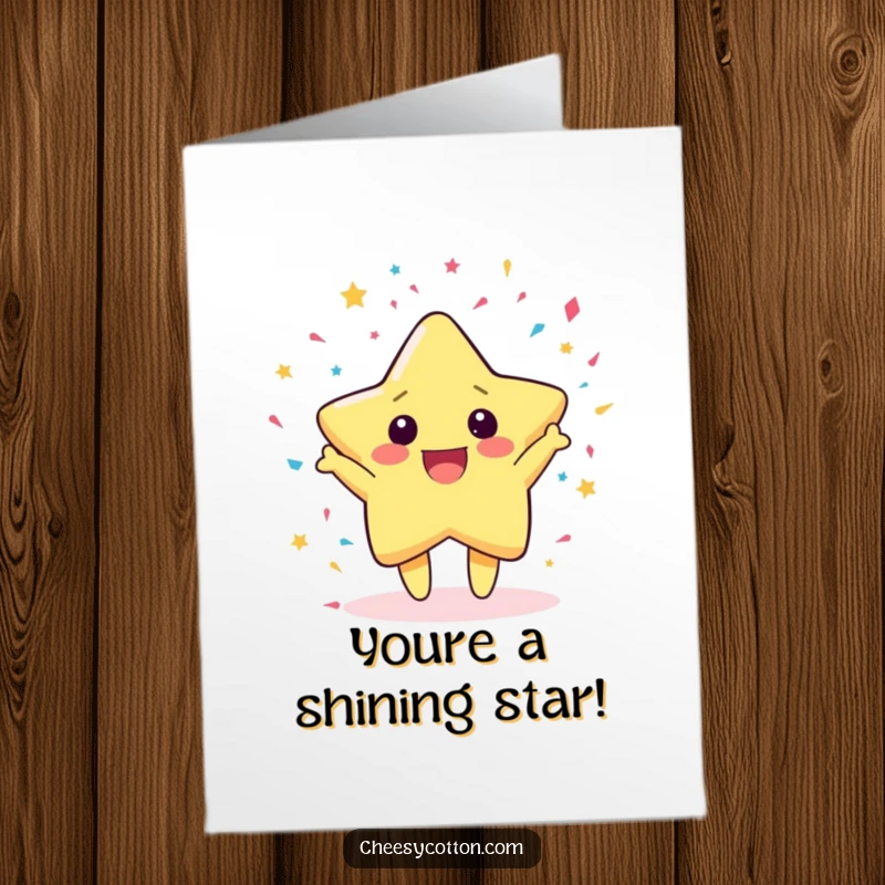 Funny free printable congratulations card showing a kawaii star character joyfully throwing a vibrant burst of confetti.