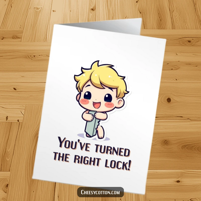 Funny Free Printable Key Congratulations Card showing a happy character turning itself, celebrating achievement and new opportunities.