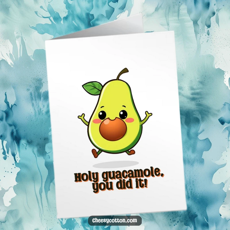 Funny Free Printable Congrats Card: A kawaii avocado with a big grin performing a playful hop to celebrate good news.