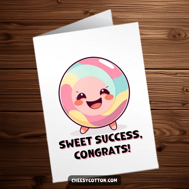 Funny Free Printable Congratulations Card showing a happy, round candy joyfully rolling along with a bright, celebratory smile.