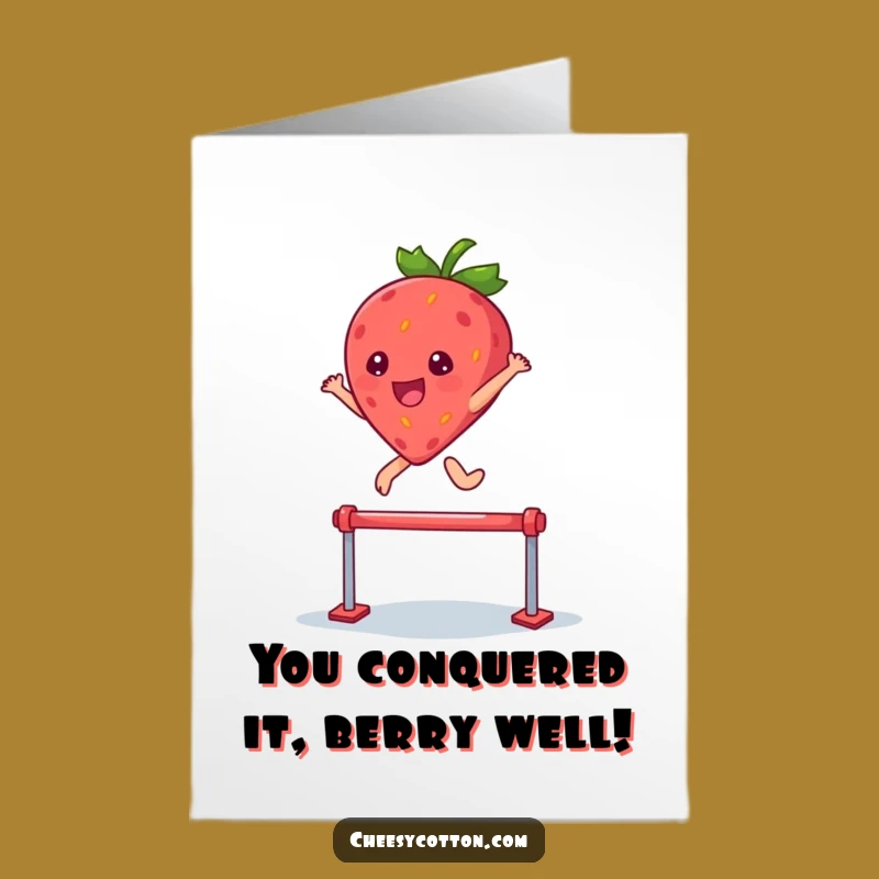 Free Printable Congrats Card: Kawaii Strawberry Leaping Hurdle Celebration Downloadable