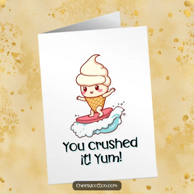 Funny Free Printable Congrats Card: Ice cream cone surfs a candy wave, a fun downloadable gift.