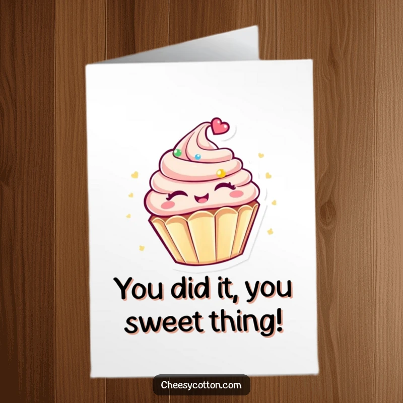 Free Printable Congratulations Card: Cute kawaii cupcake charmer spinning with eyes closed, celebrating success joyfully.