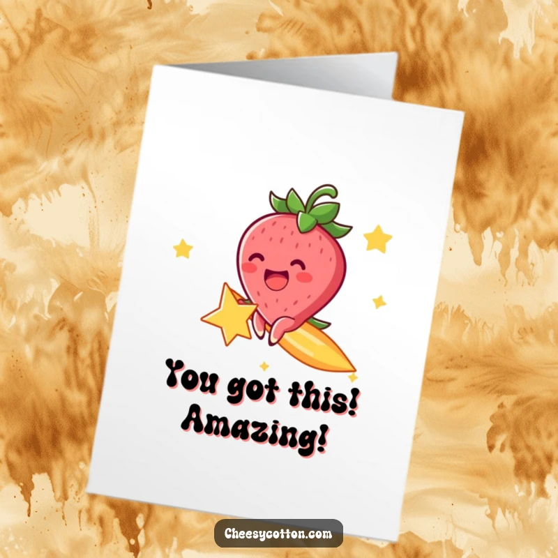 Funny free printable congratulations card: a cheerful strawberry character excitedly rides a shooting star, celebrating.