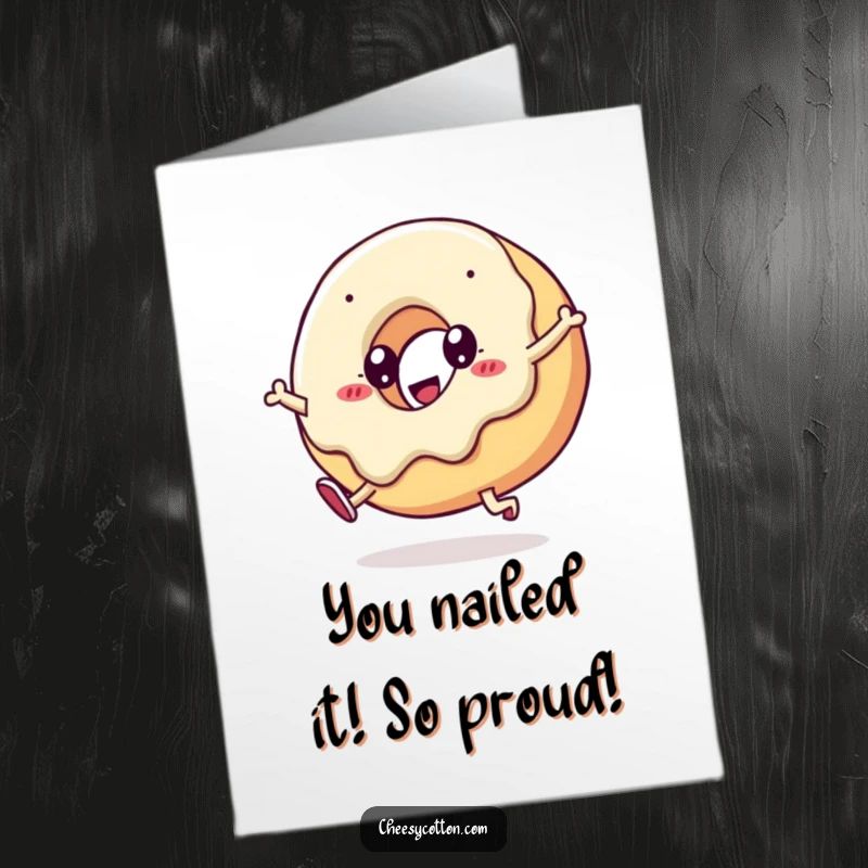 Funny Free Printable Congrats Card: A kawaii doughnut with wide eyes enthusiastically performing a cartwheel, celebrating success.