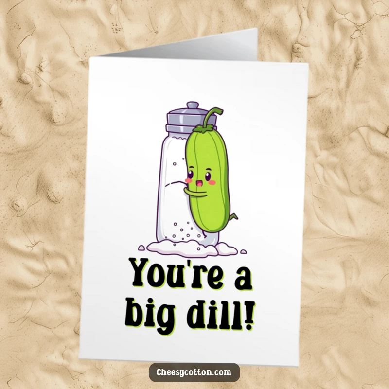 Funny Free Printable Congratulations Card: Determined pickle character triumphantly reaching the top of a giant salt shaker.