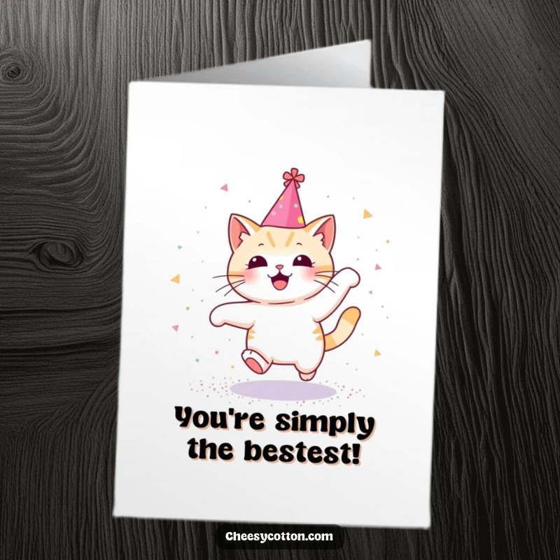 Funny free printable congratulations card: a cute kawaii cat wearing a party hat joyfully leaps through glitter.