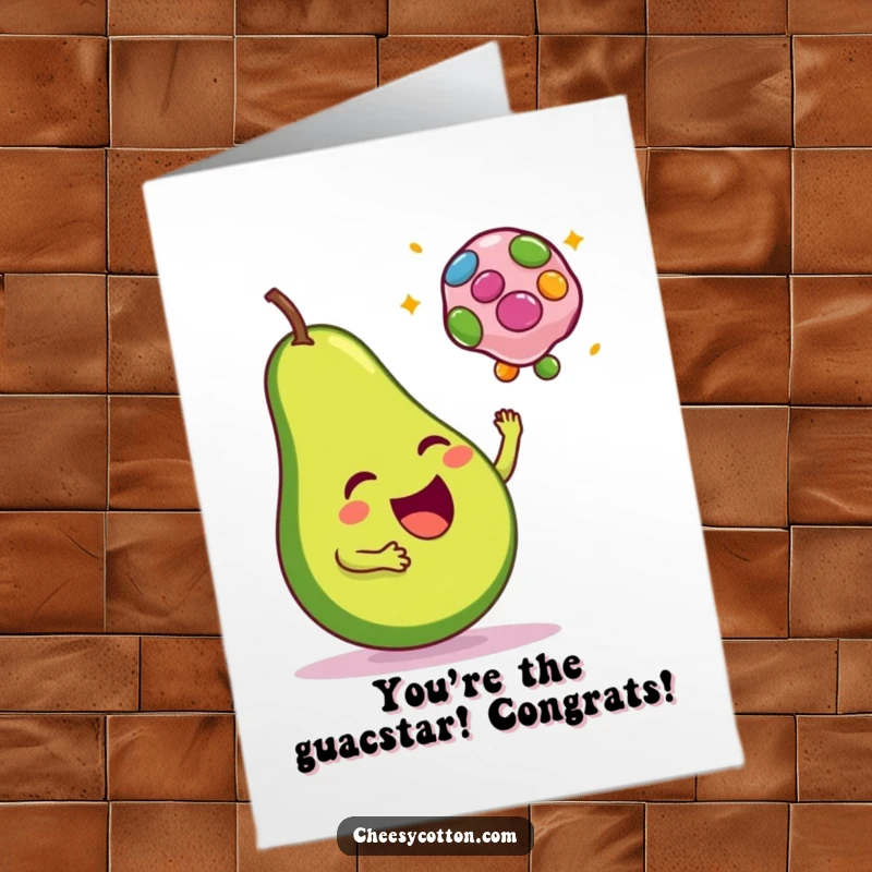 Funny Free Printable Congratulations Card: A happy avocado tosses a colorful bean bag, signifying congratulations.
