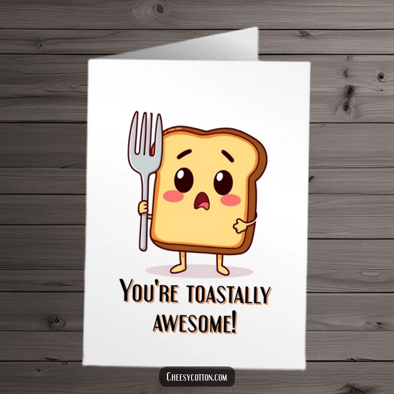 Funny Free Printable Congratulations Card: A startled piece of toast clutches a massive fork, celebrating your win.