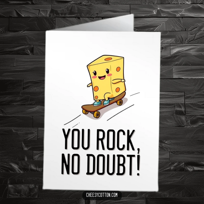 Funny Free Printable Congrats Card: A happy cheese wedge on a skateboard, striking a victorious pose after a successful ramp ride.