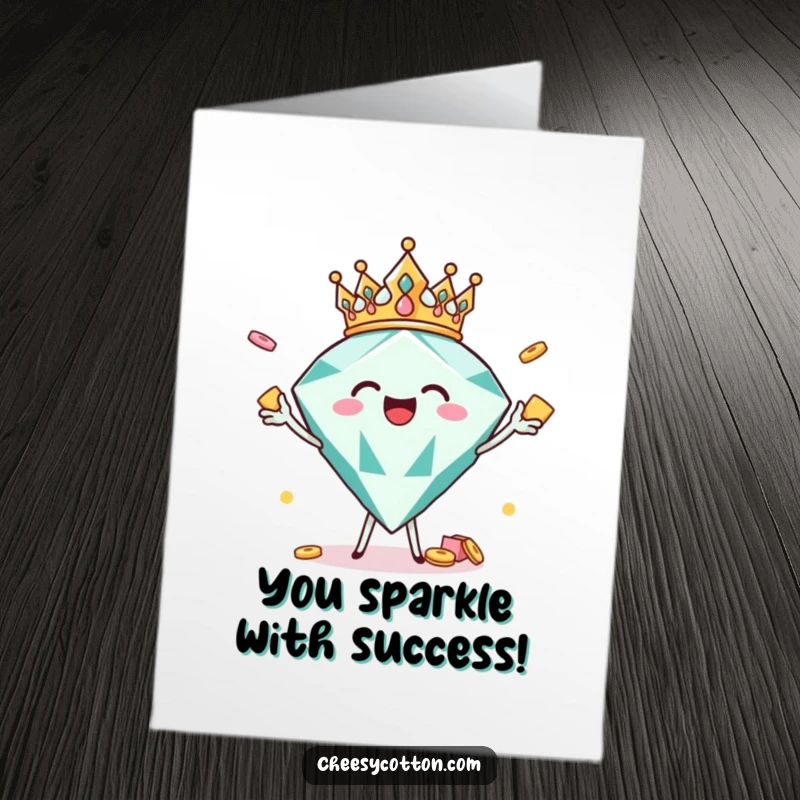 Funny Free Printable Congrats Card: Joyful diamond wears a crown and tosses snacks, a chic downloadable gift.
