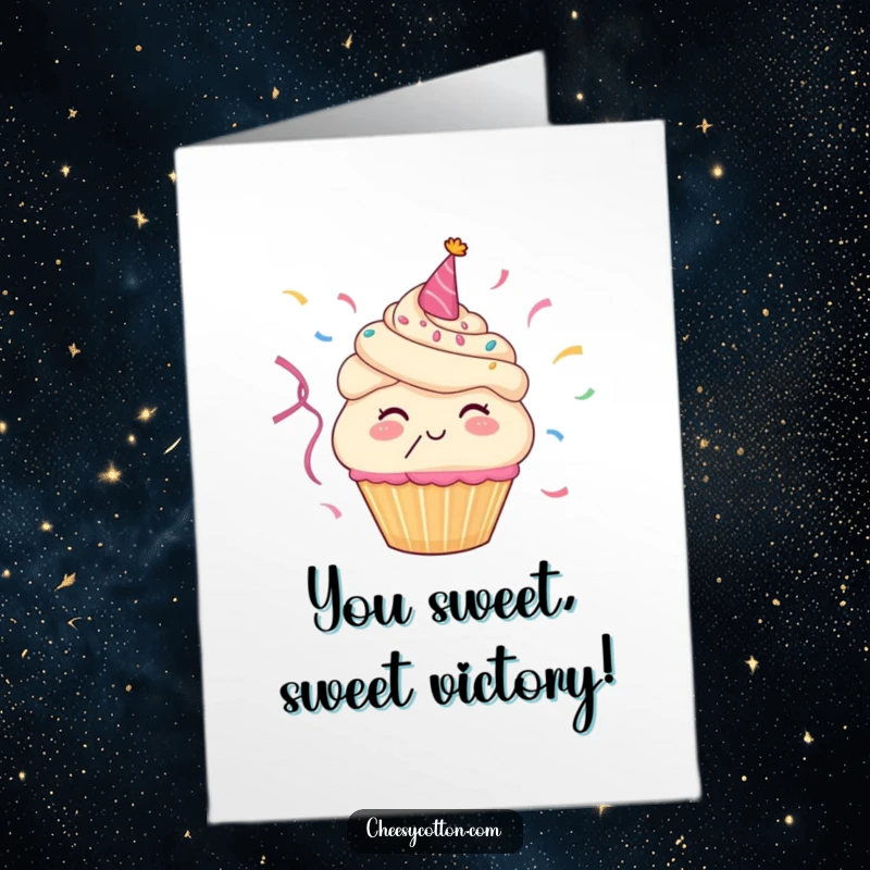 Funny Free Printable Congratulations Card: A happy cupcake character with a wide smile blows colorful streamers for a big win.