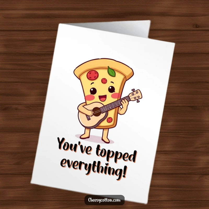 Funny Free Printable Congratulations Card: A cheerful pizza slice plays a ukulele, celebrating your fantastic news.