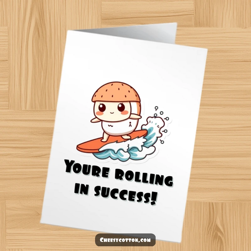 Free Printable Congratulations Card: A kawaii sushi character confidently surfing a small wave in celebration.