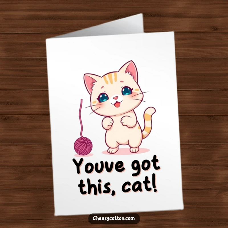 Funny free printable congratulations card showing a cute kawaii cat character mid-play swatting a dangling yarn ball with excitement.