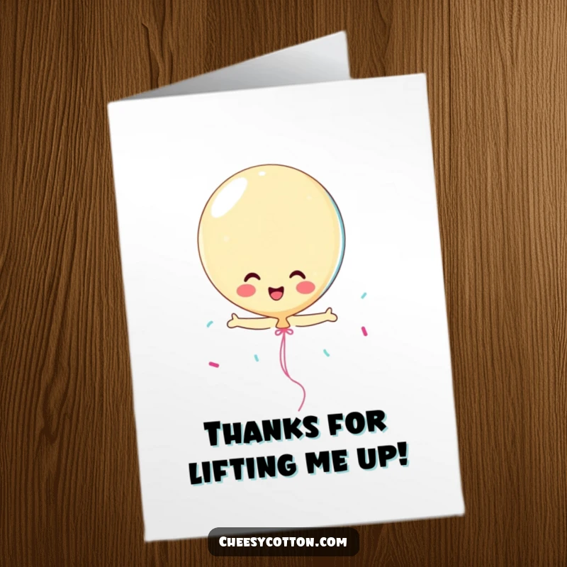 Funny Free Printable Thank You Card: Playful balloon character bouncing with streamers, a cheerful downloadable gift.