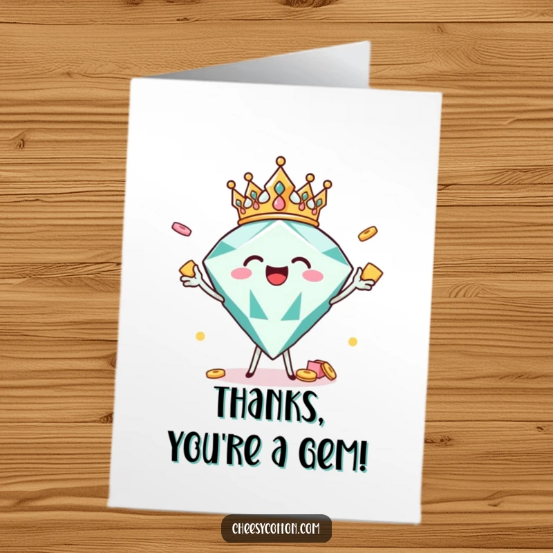 Funny Free Printable Thank You Card: Joyful diamond character wearing a crown and tossing snacks, a precious downloadable gift.