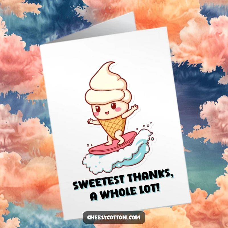 Funny Free Printable Thank You Card: Ice cream cone character surfs a candy wave, a sweet downloadable gift.