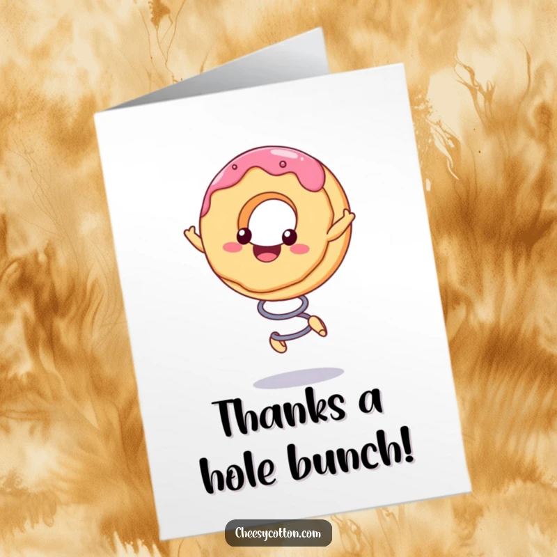 Funny free printable thank you card featuring a cute kawaii donut character bouncing on a spring, conveying thanks with joy.