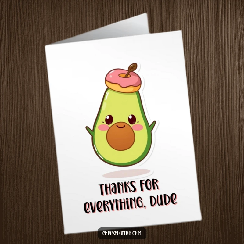 Funny Free Printable Thank You Card: A smiling avocado with a donut balanced precariously on its head.