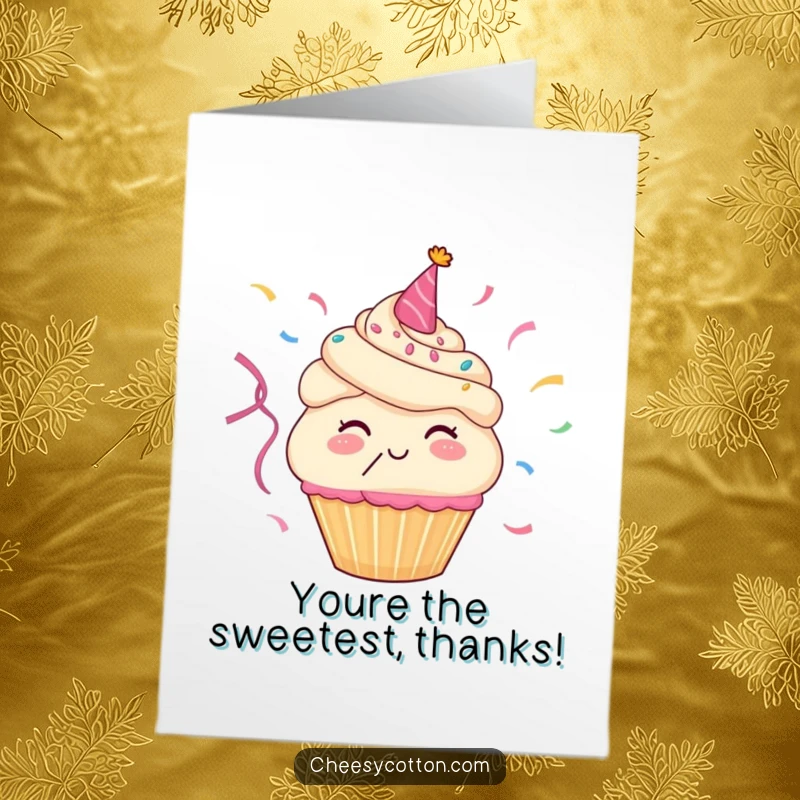 Funny Free Printable Thank You Card: A happy cupcake character enthusiastically blows colorful streamers, sending sweet thanks.