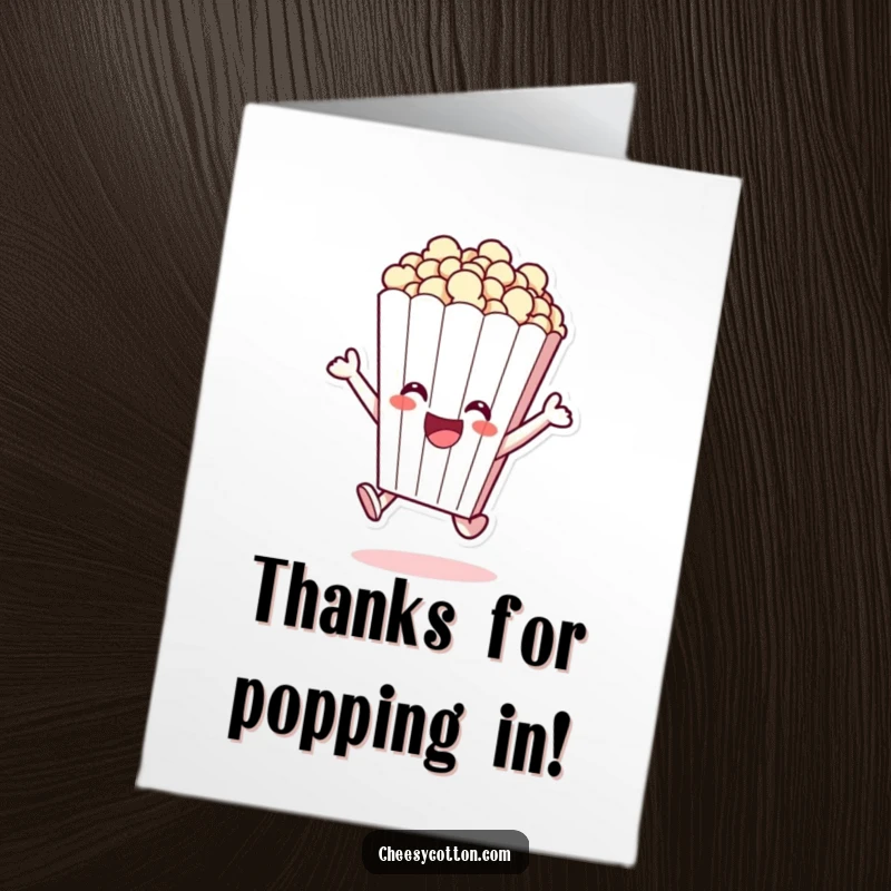 Funny Free Printable Thank You Card: A popcorn bag character leaping joyfully, expressing thanks with a shower of imaginary popcorn.