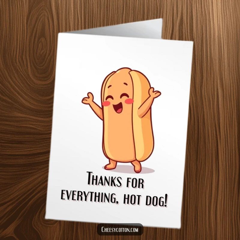 Funny Free Printable Thank You Card featuring an anthropomorphic hot dog doing a silly dance, perfect for a fun expression of gratitude.