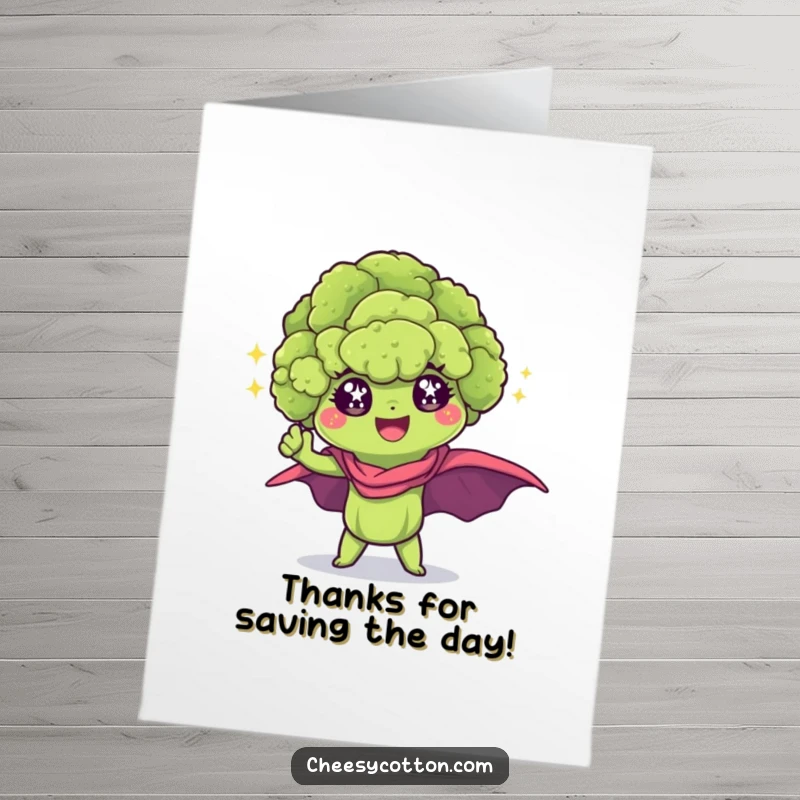 Funny Free Printable Thank You Card: A kawaii broccoli floret with sparkling eyes striking a superhero pose to express thanks.