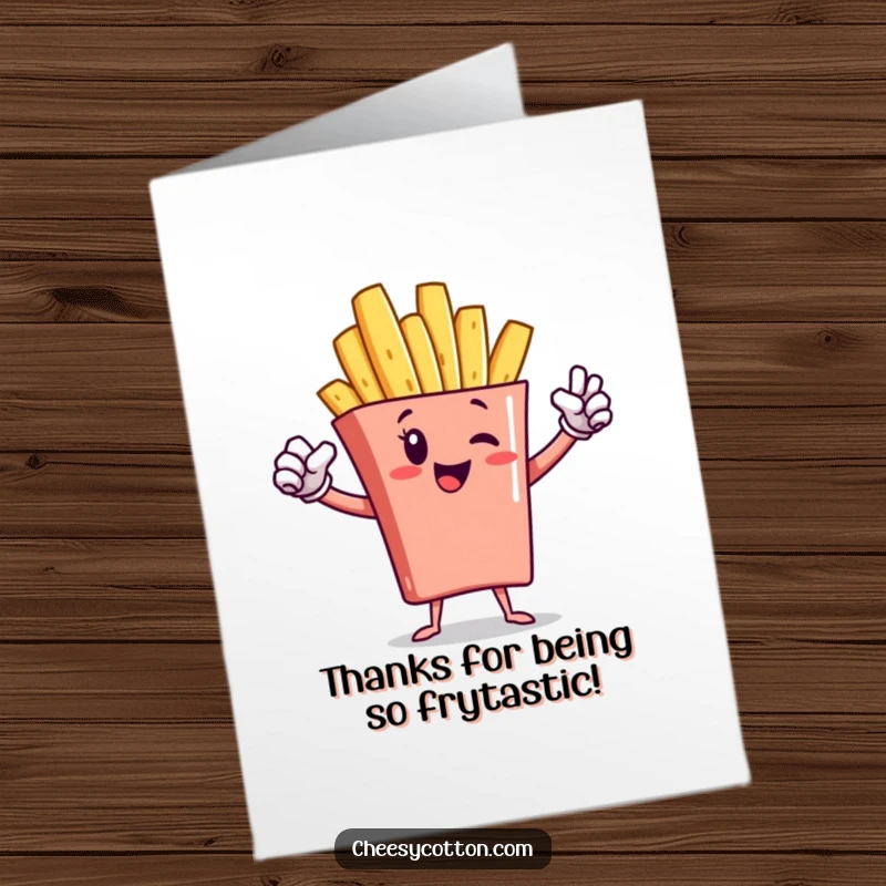 Funny free printable thank you card featuring a strong french fry character striking a heroic pose, cape flying.