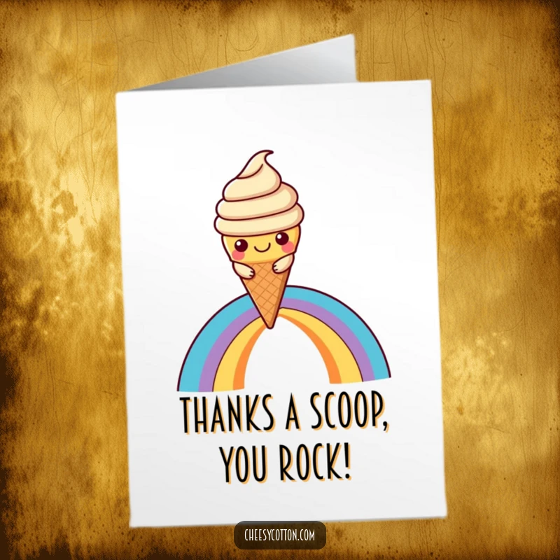 Funny Free Printable Thank You Card: Kawaii ice cream cone sliding down a rainbow, a sweet way to say thanks.