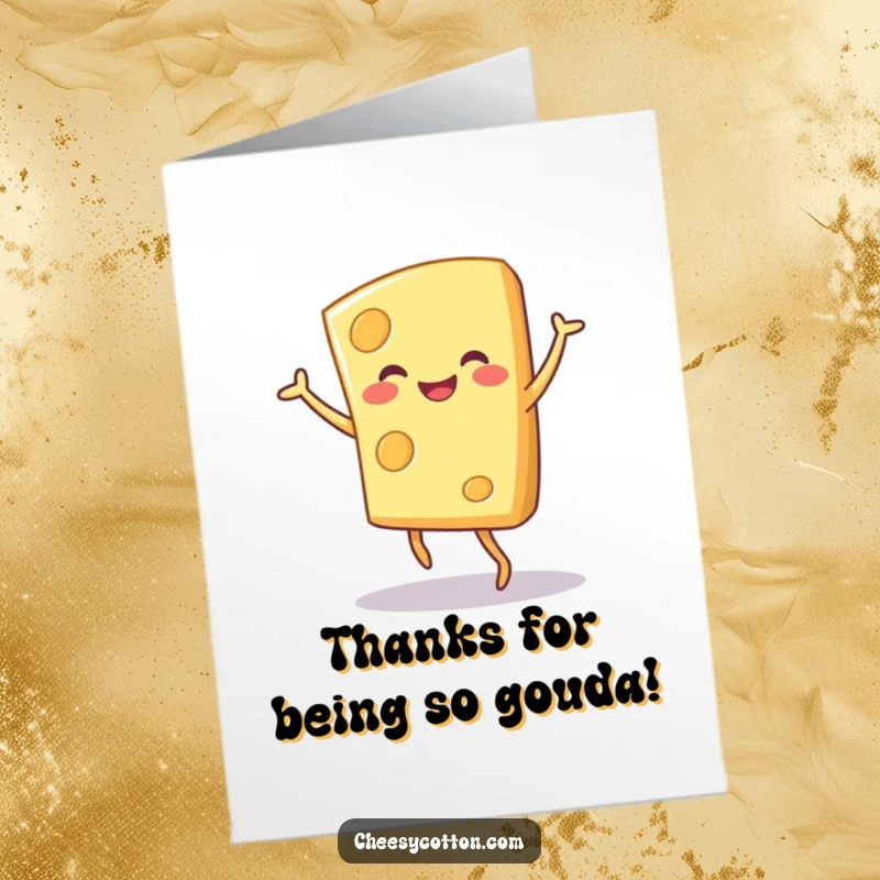Funny Free Printable Thank You Card: A block of cheese character smiling widely while doing a cheerful, energetic dance.